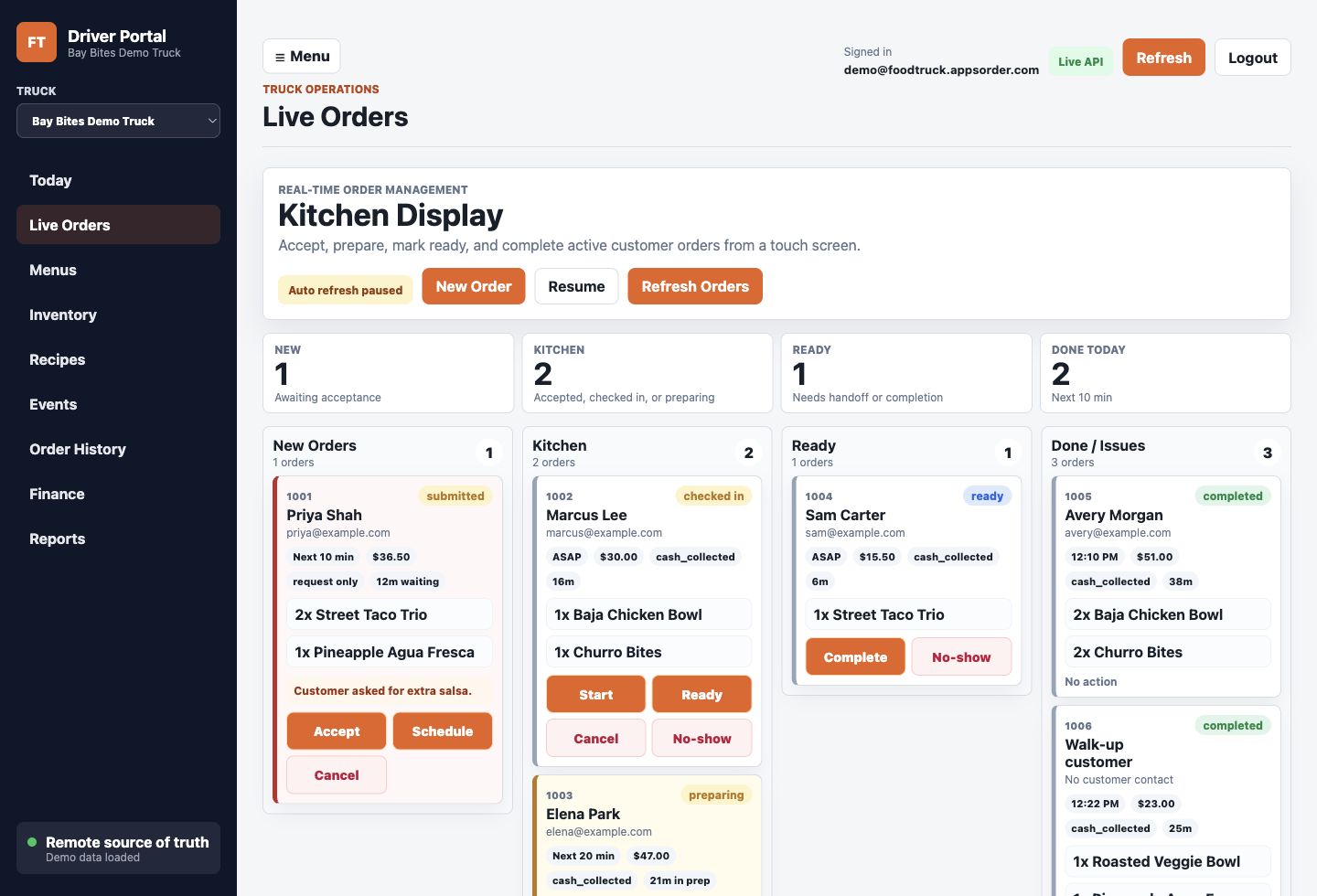 Bay Bites Demo Truck live orders board screenshot