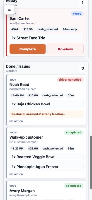Bay Bites Demo Truck phone done and issues screenshot with hidden menu