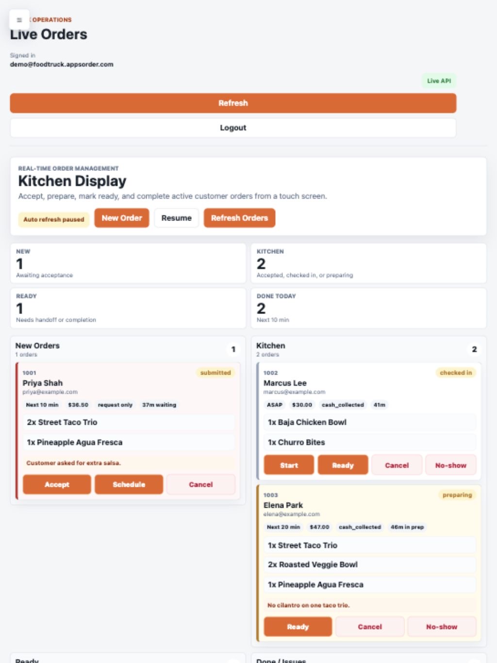 Bay Bites Demo Truck tablet live orders screenshot with hidden menu